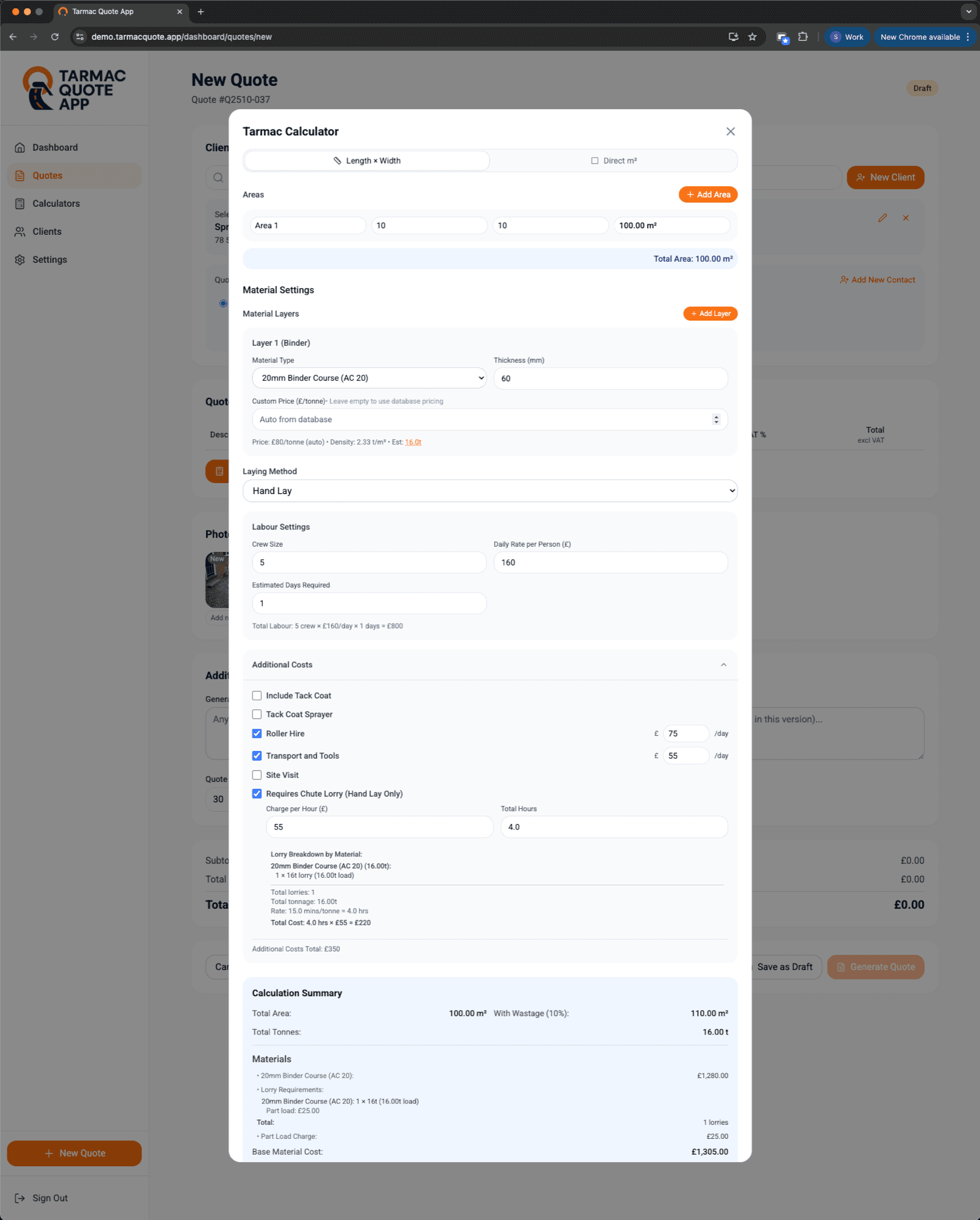 TarmacQuote App Calculator